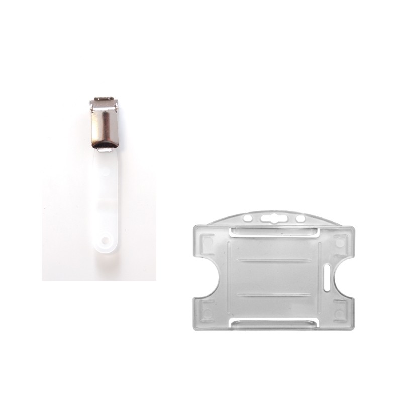 Kit: 25 badge holders + 25 metal suspender-type clip with plastic strap Kit: 25 badge holders + 25 metal suspender-type clip with plastic strap